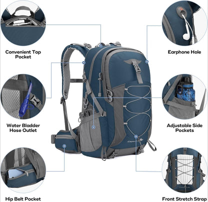 40L Waterproof Hiking Camping Backpack with Rain Cover, Lightweight Travel Daypack, Blue