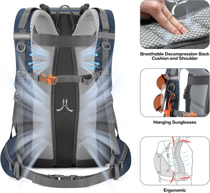 40L Waterproof Hiking Camping Backpack with Rain Cover, Lightweight Travel Daypack, Blue