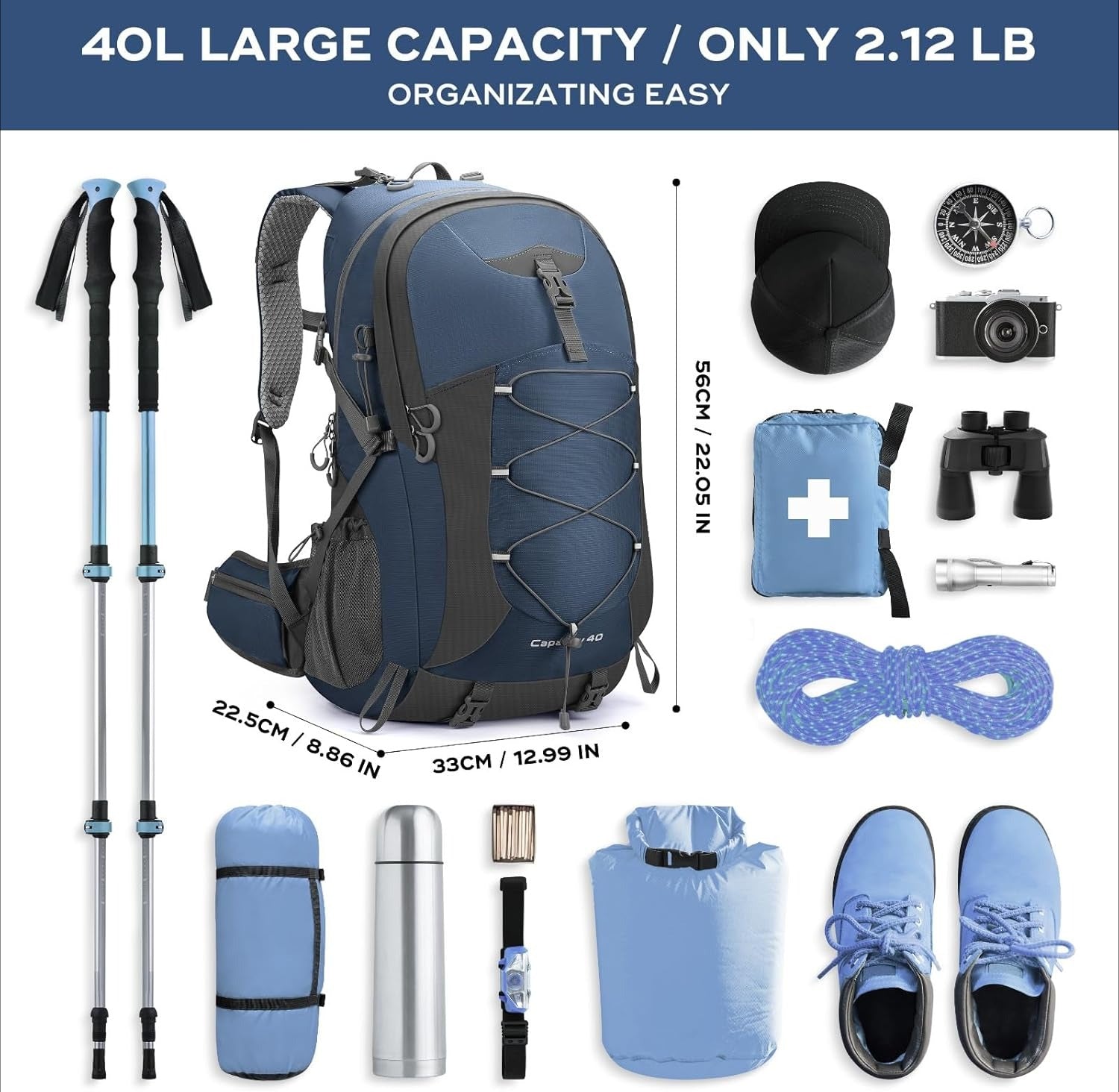 40L Waterproof Hiking Camping Backpack with Rain Cover, Lightweight Travel Daypack, Blue